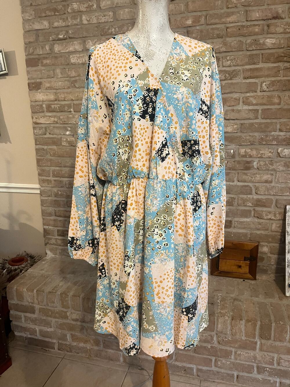 Chic Soul Patchwork Floral Long Sleeve Boho Dress Size 1X
